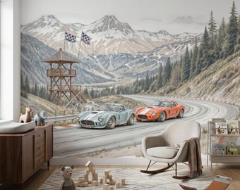 Vintage Racing Cars Mountain Landscape Wallpaper Mural, Boys Room Wall Decor, Nursery Adventure Theme, Classic Car Art