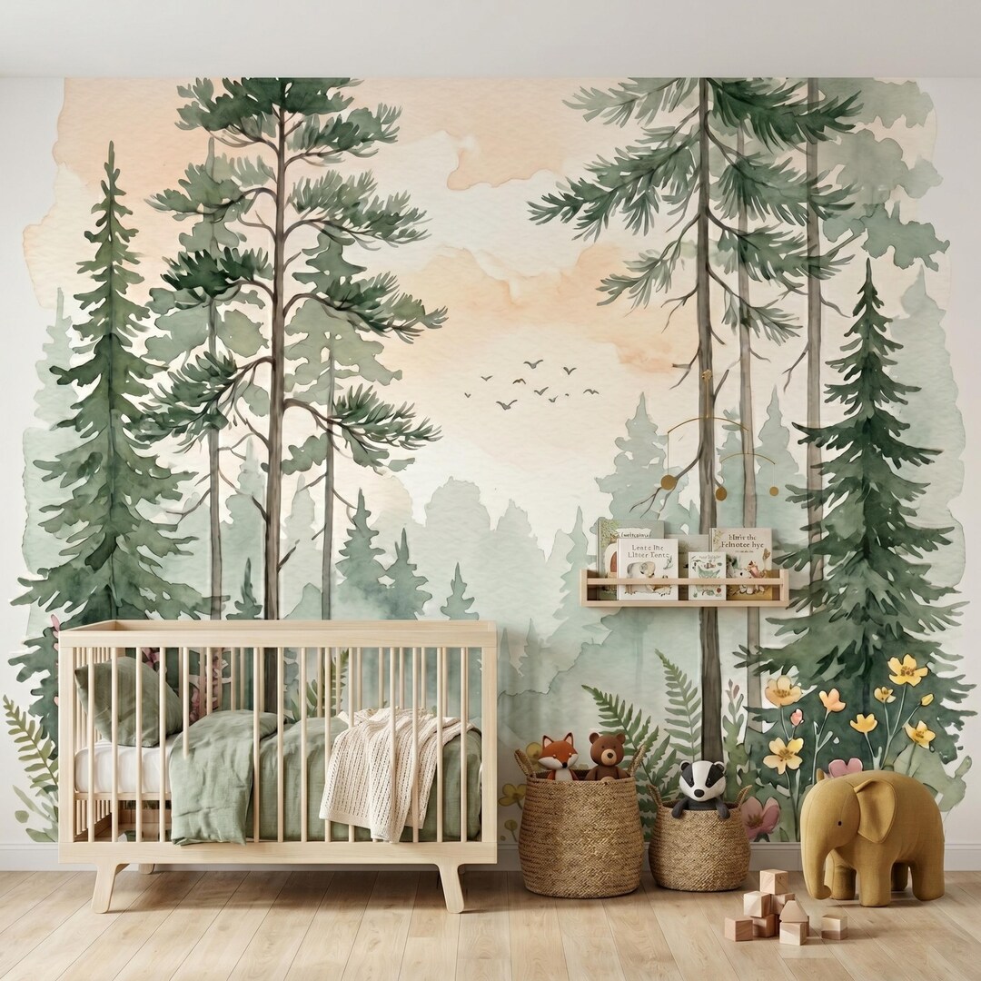 Woodland Forest Nursery Wallpaper - Watercolor Pine Tree Wall Mural ...