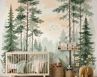 Papel pintado infantil con temática de bosque - Mural de pared de pinos en acuarela - Decoración infantil en verde salvia - Mural de bosque autoadhesivo