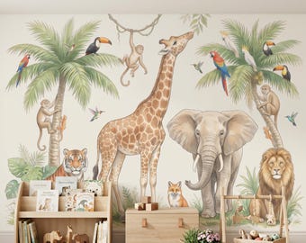 Safari Nursery Wall Mural | Jungle Animal Wallpaper | Kids Room Decor | Watercolor Zoo Mural | Giraffe Elephant Lion | Peel and Stick