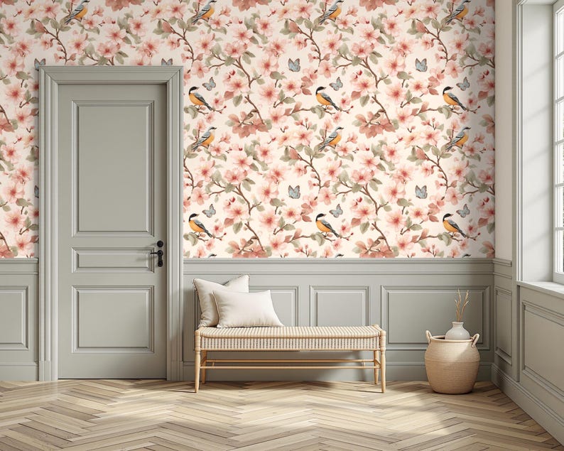 Peach Pink Chinoiserie Floral Bird Wallpaper, Vintage Botanical Wall ...
