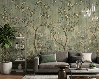 Vintage Chinoiserie Wallpaper Mural - Sage Green Botanical Wall Art with Birds and Flowers - Traditional Nature Mural - Large Wall Decor