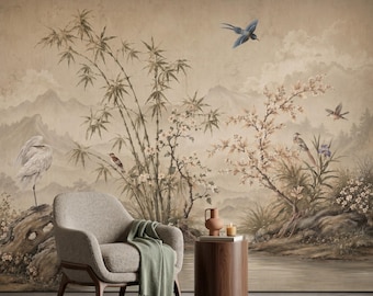 Chinoiserie Wallpaper | Vintage Crane Wall Mural | Bamboo Floral Wall Art | Japandi Home Decor | Large Scale Nature Mural | Peel and Stick