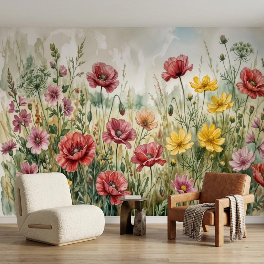 Watercolor Red Poppy Wall Mural Floral Wallpaper, Nature Inspired Home ...