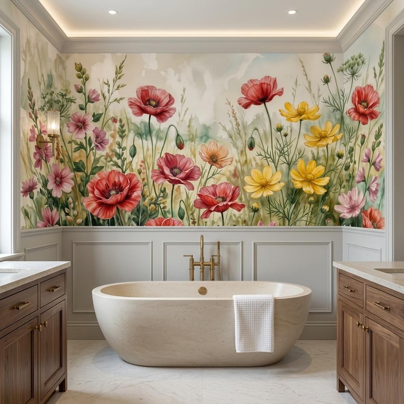 Watercolor Red Poppy Wall Mural Floral Wallpaper, Nature Inspired Home ...