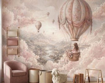 Vintage Hot Air Balloon Wallpaper Mural for Nursery | Pink Dreamy Cloud Wall Decal | Whimsical Girl Room Decor | Pastel Floral Wall Art