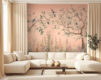 Chinoiserie Wallpaper Mural | Vintage Floral Bird Wall Art | Peach Blossom Nursery Decor | Large Peel and Stick Nature Wall Mural