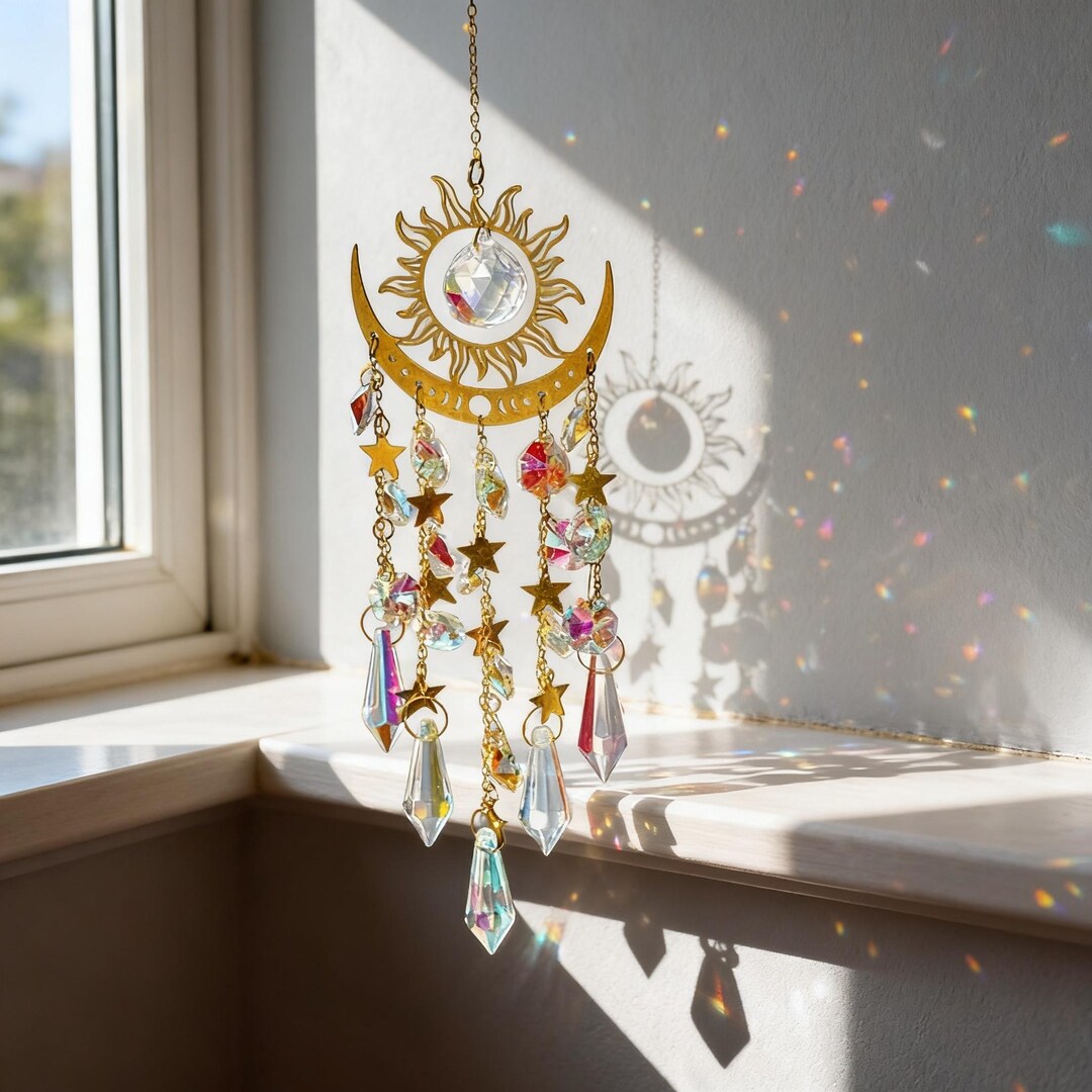 Sun Moon Crystal Suncatcher, Celestial Rainbow Window Hanging, Boho ...