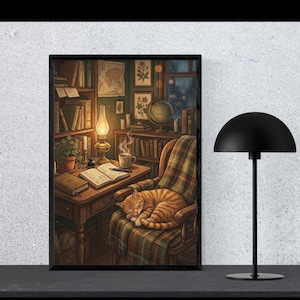 Puede incluir: Una impresión enmarcada representa un rincón de lectura acogedor. Un gato atigrado duerme en un sillón a cuadros. Una mesa contiene una lámpara, un libro y café. Estanterías y obras de arte enmarcadas completan la escena, evocando calidez.
