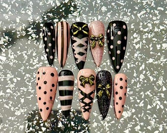 Drücken Sie auf den Nägeln Pink & Schwarz Lange Stiletto Bogen