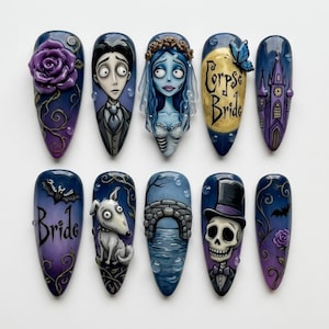 May include: A set of ten almond-shaped press-on nails featuring hand-painted designs inspired by the Corpse Bride. The artwork includes characters, a purple rose, a church, a dog, a bridge, a skull in a top hat, and the text Corpse Bride.