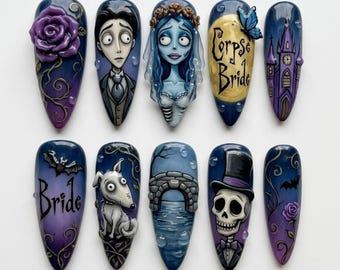 May include: A set of ten almond-shaped press-on nails featuring hand-painted designs inspired by the Corpse Bride. The artwork includes characters, a purple rose, a church, a dog, a bridge, a skull in a top hat, and the text Corpse Bride.
