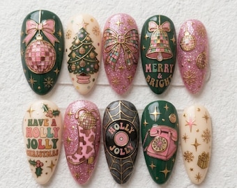 Retro Christmas Press On Nails / Pink Green Disco Nails / Holly Jolly Ornament Nails / Vintage Holiday Nail Art / Handmade Statement Nails