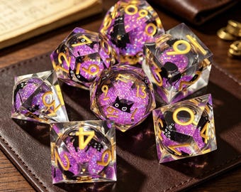 Handmade Liquid Core Dice Set, Purple Cat DND Gift, Sharp Edge Resin RPG Dice, Polyhedral TTRPG Set, Magic Gift, Dungeons and Dragons
