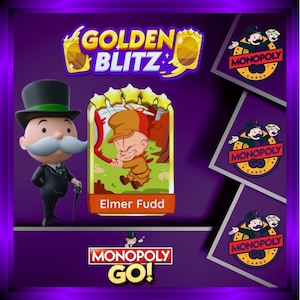 May include: A digital graphic featuring the Monopoly Go Golden Blitz event with the Monopoly mascot, Mr. Monopoly, and a five-star game card depicting Elmer Fudd. The purple background includes the Monopoly Go logo and multiple circular game card icons.