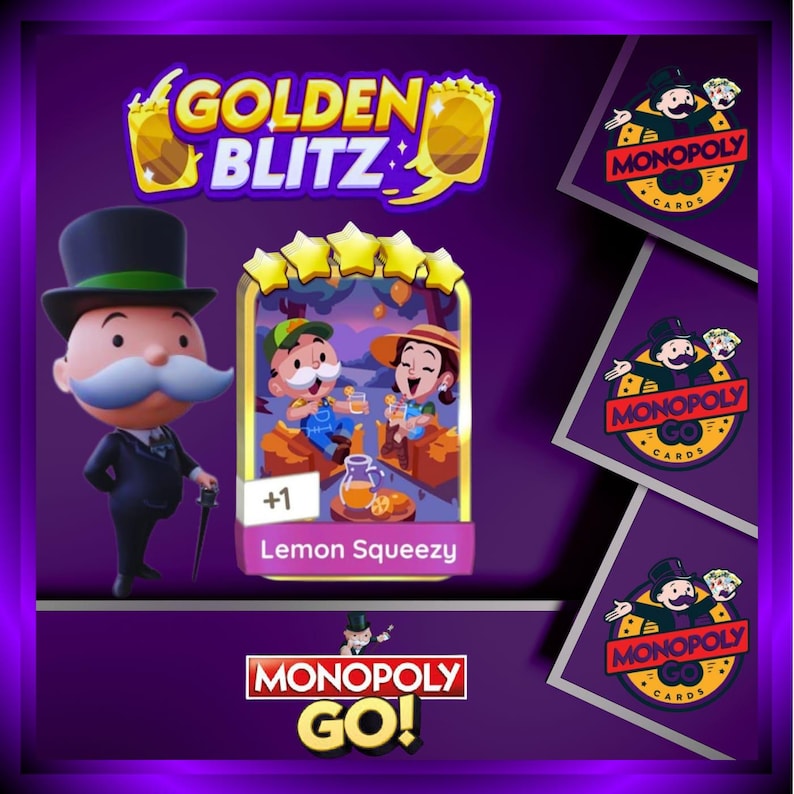May include: A Monopoly Go Golden Blitz digital trading card featuring the Lemon Squeezy sticker. The card displays two cartoon characters drinking lemonade, with a Monopoly mascot figure on the left and three circular Monopoly Go logos on the right.