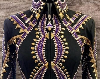 ブラック、パープル、ゴールドのカスタムウエスタンショージャケット - クリスタルが埋め込まれたハンドメイドのエリート乗馬アパレル