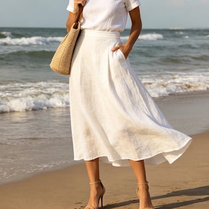Boho Linne Midikjol För Dam Minimalistisk A-linjekjol Sommar Höst Strandoutfit Casual Böljande Semesterkläder