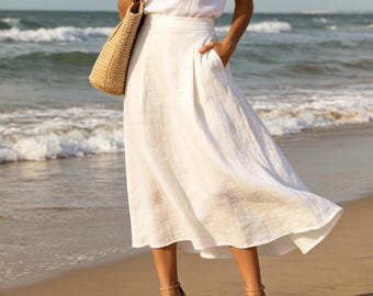 Bohemian Linen Midi Skirt For Women Minimalist A Line Skirt Summer Beach Outfit Casual Flowy Vacation Wear