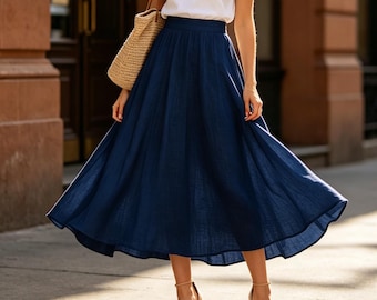 Women Linen Blend A Line Midi Skirt Lightweight Breathable Pocket Skirt Summer Travel Beach Casual Elegant Flowing Skirt