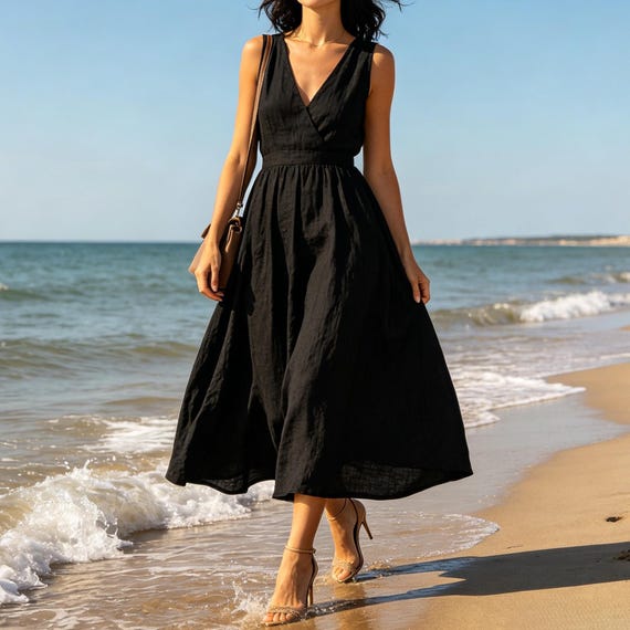 Vintage Inspired Linen Blend Maxi Dress Women Sleeveless V Neck Beach Party Dress Boho Summer Dress With Pockets