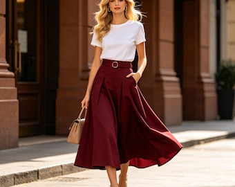 Wine Red A-Line Midi Skirt: High Waist, Belted, Pockets, Spring Summer Office Wear