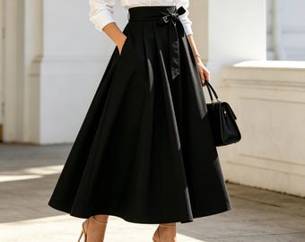 Timeless High Waist Black Maxi Skirt With Handmade Belt Elegant A Line Long Skirt Minimal Style Spring Summer Wardrobe Essential