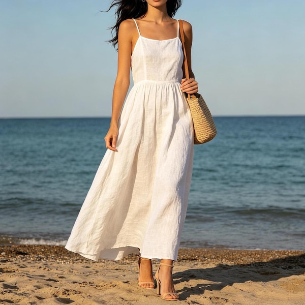 Minimalistische maxi-jurk van witte linnenmix Zomer casual jurk met spaghettibandjes met zakken Ontspannen dagelijks gebruik Aanpassen plus size jurk