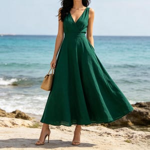 Emerald Green Boho Maxi Dress for Women Flowy Vintage Linen Blend Dress Casual Resort Beach Dress With Pockets Spring Summer
