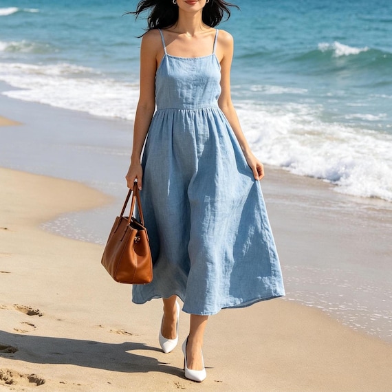 blue linen slip dress Elegant Summer Cocktail Party Dress With Pockets Minimalist Vacation Sundress Customize Plus Size Dress Ladies dresses