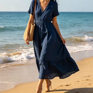navy blue dress for beach pictures Atogsazn Smocked Tiered Long Beach Sun Dresses for Women Casual Summer Dress Boho Sleeveless Spaghetti Strap Maxi Dress Dark Blue XXL, Women's, Size:
