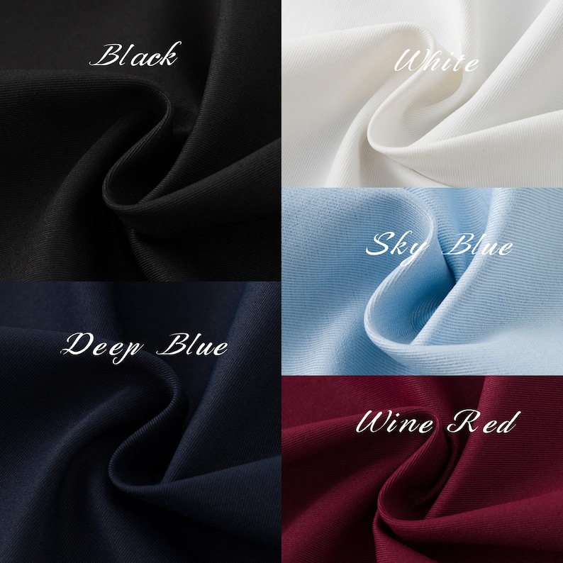 May include: Close-up of fabric swatches in various colors. The colors include black, white, sky blue, deep blue, and wine red. Each swatch is labeled with its respective color name in a cursive font.