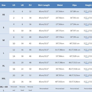 May include: A size chart for clothing, displaying measurements in inches and centimeters. The chart includes sizes from XS to XXL, with corresponding US, UK, and EU sizes, skirt lengths, waist, hips, and height measurements.