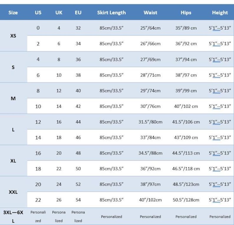 May include: A size chart for clothing, displaying measurements in inches and centimeters. The chart includes sizes from XS to XXL, with corresponding US, UK, and EU sizes, skirt lengths, waist, hips, and height measurements.