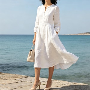 Leinen Langarm Midi Kleid Split V-Ausschnitt Kleid A Line Casual Boho Kleid mit Taschen Frühling Sommer Kleid