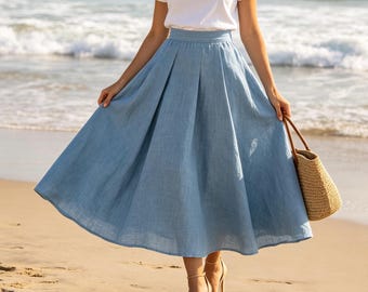 Sky Blue Linen Blend Midi Skirt Casual Minimalist A Line Skirt With Elastic Waist Pockets Summer Vacation Skirt