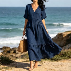 ladies casual beach dresses with sleeves Summer Linen Dresses for Women 2025 Casual Short Sleeve V Neck Gauze Cotton Sundresses Maxi Dresses Flowy Long Shift Dress Lightweight Vacation Beach Sundress Comfy Loose Shirt Dress Beach Coverup at Amazon