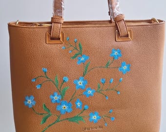 Bolso tote pintado a mano con la inscripción "No me olvides", bolso de mano floral Pierre Cardin, bolso de flores azules, regalo único para ella, bolso de hombro de cuero.