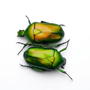 May include: Two iridescent green beetles with hints of gold are displayed against a white background. The beetles have a smooth, shiny carapace and long, slender legs. The image is a high-angle shot, showcasing the beetles' intricate details.