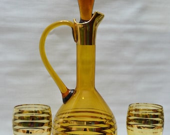 Vintage Wine Decanter and Two Glasses Amber Autumn Yellow Gold Overlay Barware