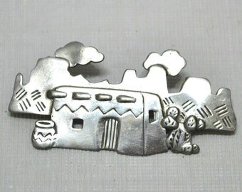 Vintage Southwestern Pin Brooch Adobe House Cactus Jonette Jewelry Metal Desert Southwest Collectible TV Movie Photo Prop