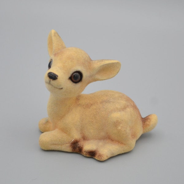 Vintage Flocked Fuzzy Deer figure Laying Fawn Made in Japan MCM Collectible Mid Century Figurine