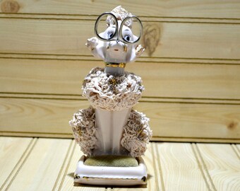 Vintage Pink Spaghetti Poodle Pin Cushion Scissors Holder Sewing Supply Gold Trim Ardalt Japan Mid Century Collectible