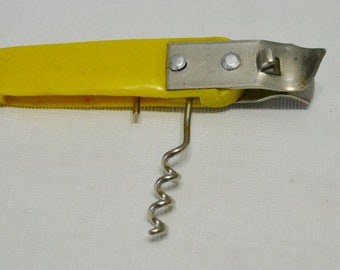 Vintage yellow Bottle Can Opener with Cork Screw Barware Kitchen Utensil Picnic Supply