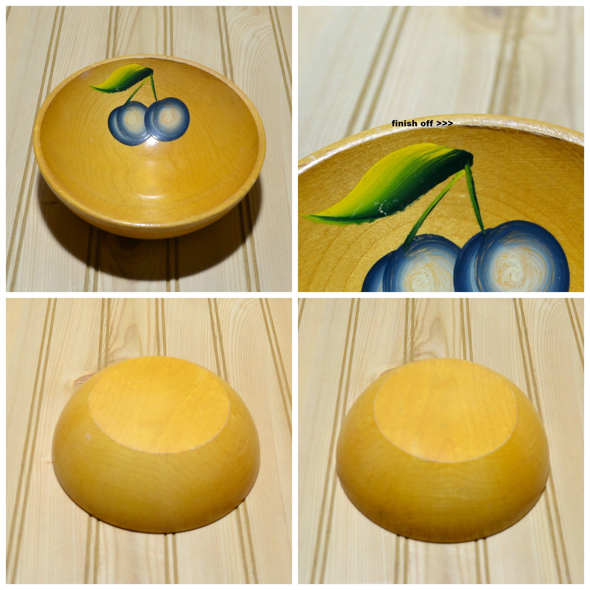 Vintage Wooden Painted Footed Salad Serving Bowl and 4 Individual  display picture 1