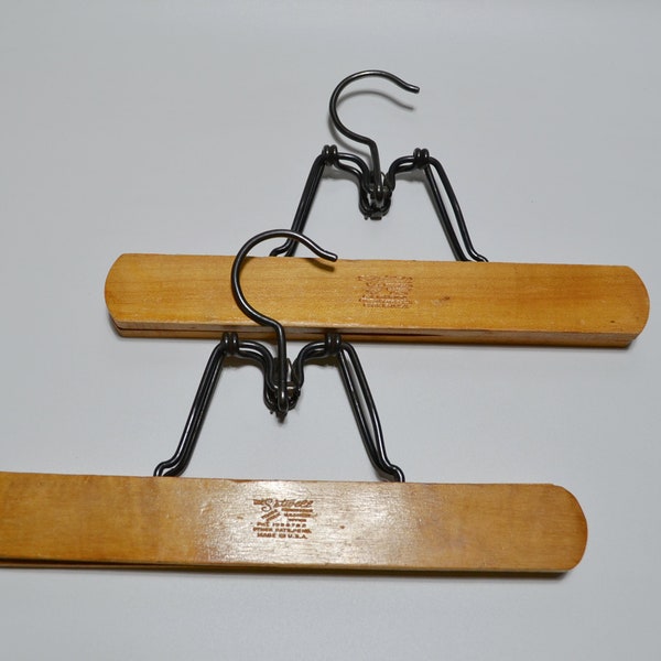 Vintage Wooden Setwell Stamped Pants Hanger Made in USA Felt On Insides Set of 2