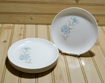 Vintage Taylor Smith Boutonniere Ever Yours Bread & Butter Plates Set of 5 Replacement China Dishes Blue Pink Flowers Fire King Collectible