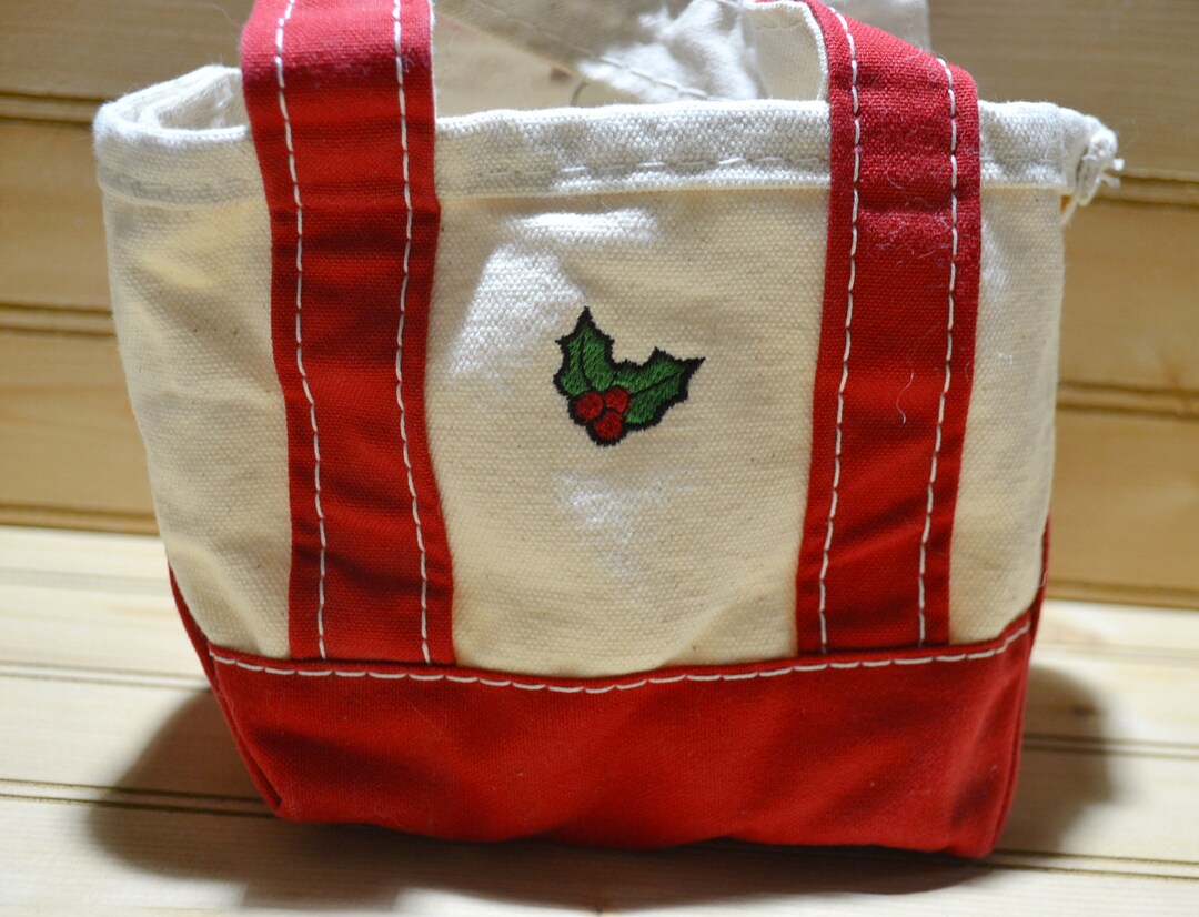 Vintage Mini L.L. Bean Boat and Tote Canvas Bag Christmas Red and White Cotton Christmas Holly