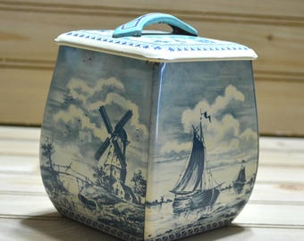 Vintage Blue & Ivory Biscuit Tin Container Tea Spices Square Decorative Nautical Ship Sea Windmill Enamel MFM Holland Dutch Collectible Prop