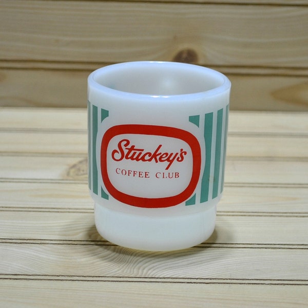 Vintage Stuckey's Coffee Club Mug Anchor Hocking Fire King Milk Glass Aqua Stripes Red Logo USA Advertising Advertisement Collectible